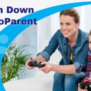 Calm Down to CoParent course banner featuring a smiling mom playing video games with her son, both intensely on the controllers.