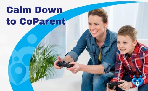 Calm Down to CoParent course banner featuring a smiling mom playing video games with her son, both intensely on the controllers.