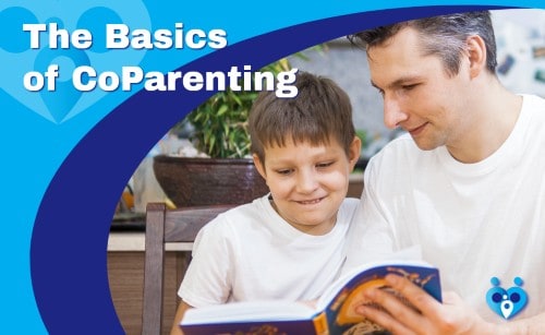 The Basics of CoParenting course banner featuring a father looking at a book with his son who is excited and be reading.